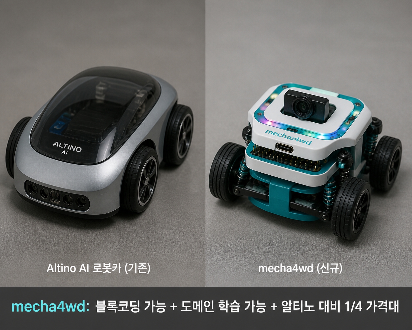 [좌측 A사 AI(은색 polycarbonate sleek 한국 디자인)와 우측 mecha4wd(흰색+teal PETG, Pi Camera 렌즈, RGB LED ring, USB-C)를 나란히 놓은 비교 렌더링]